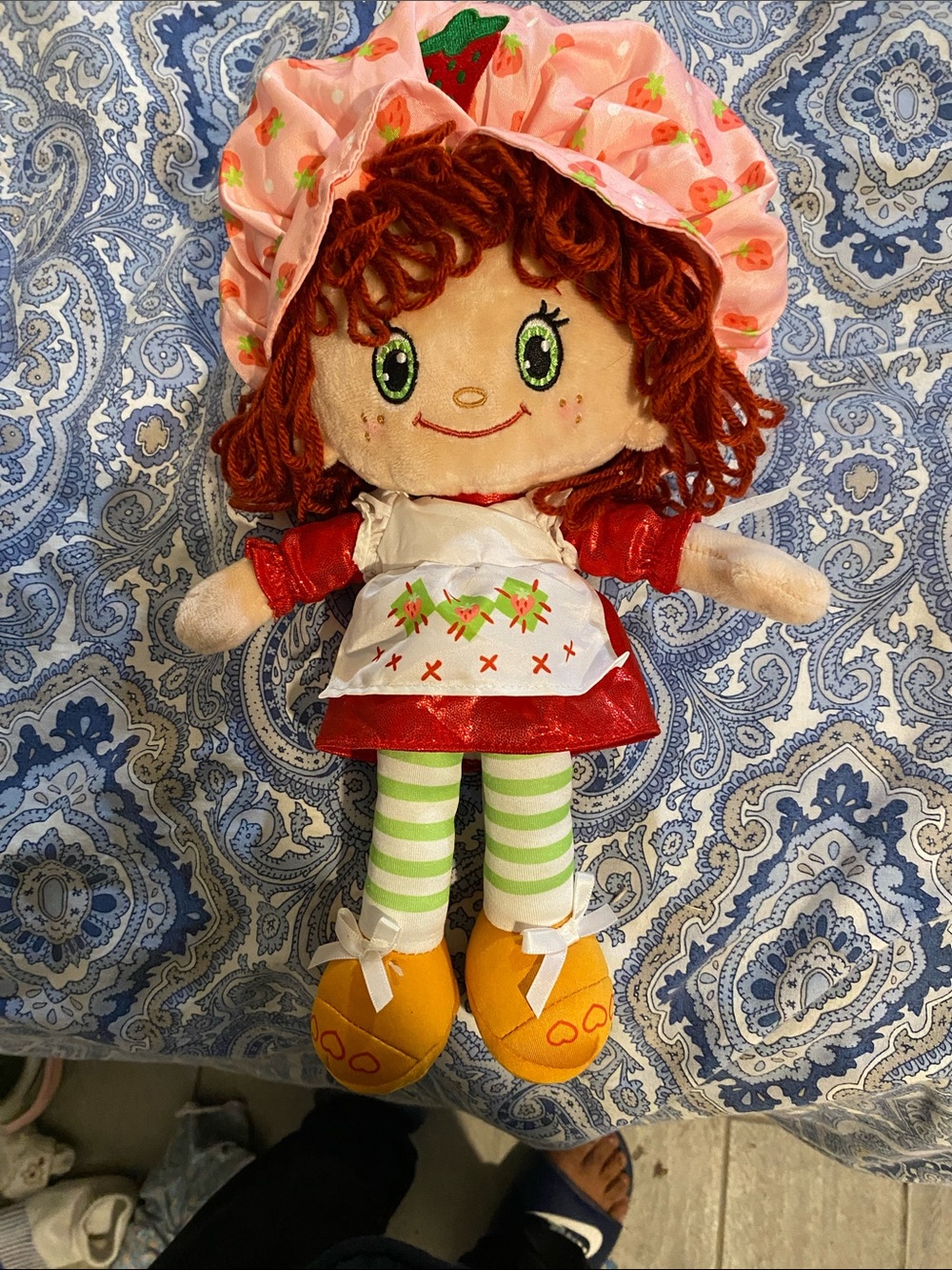 Plush Strawberry-Themed Rag Doll - Pink Hat, Red Dress, Green Striped Tights
